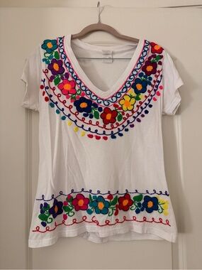 White Embroidered Floral V-Neck Women's Top